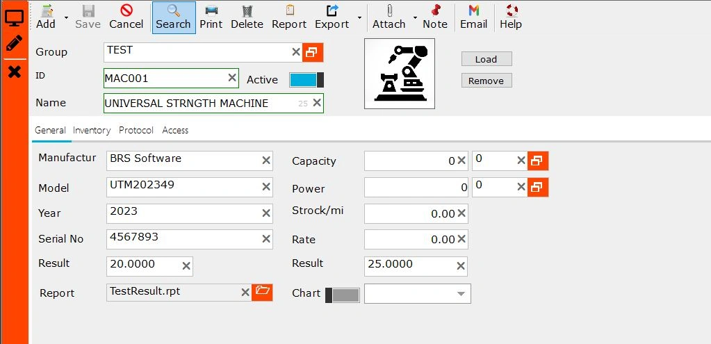 Machine list screen showing connected sand testing equipment and status