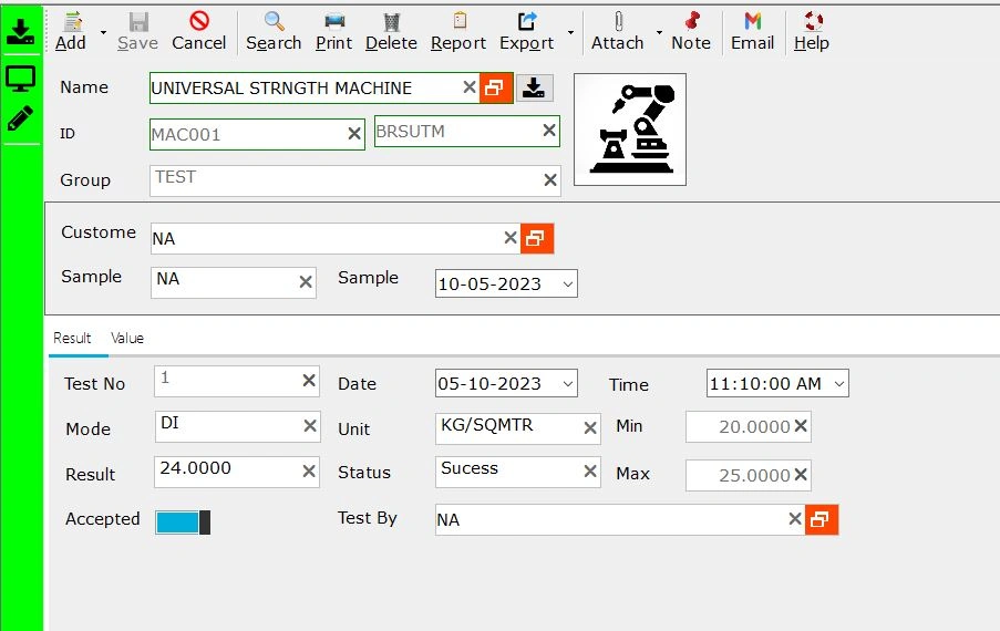 Sand test result screen with parameter values — compactability, permeability, green strength
