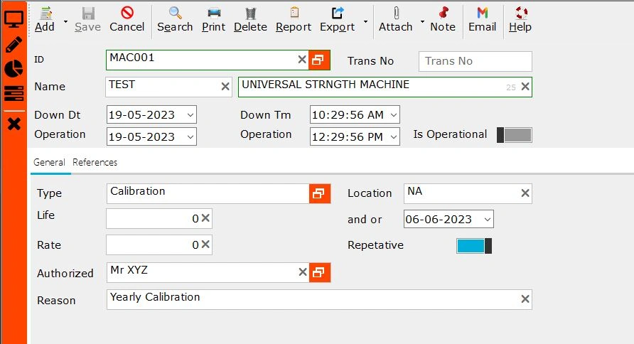 Equipment breakdown log and alert screen for sand testing machines